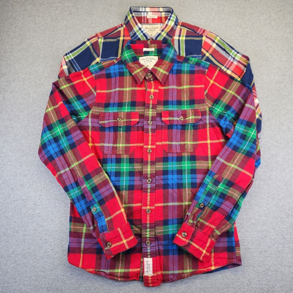 Vintage Abercrombie & Fitch Lot Of 2 Flannel Muscle Shirts Mens Medium Plaid - Picture 2 of 9